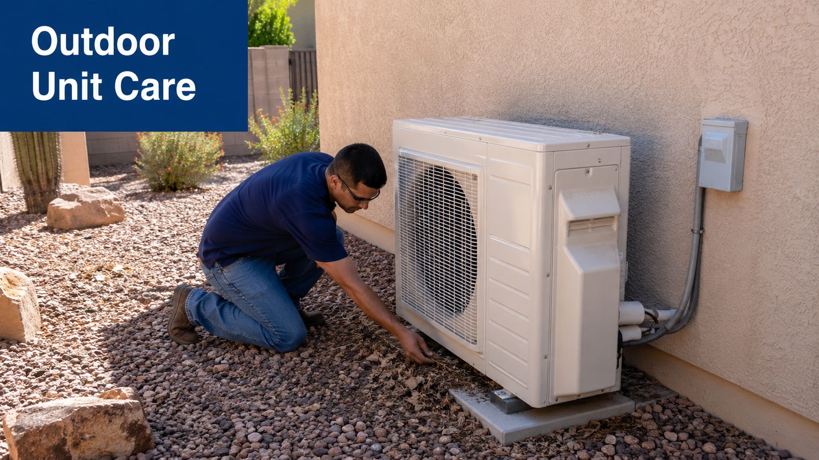 A professional technician carefully removing debris from around the base of an outdoor mini split unit.