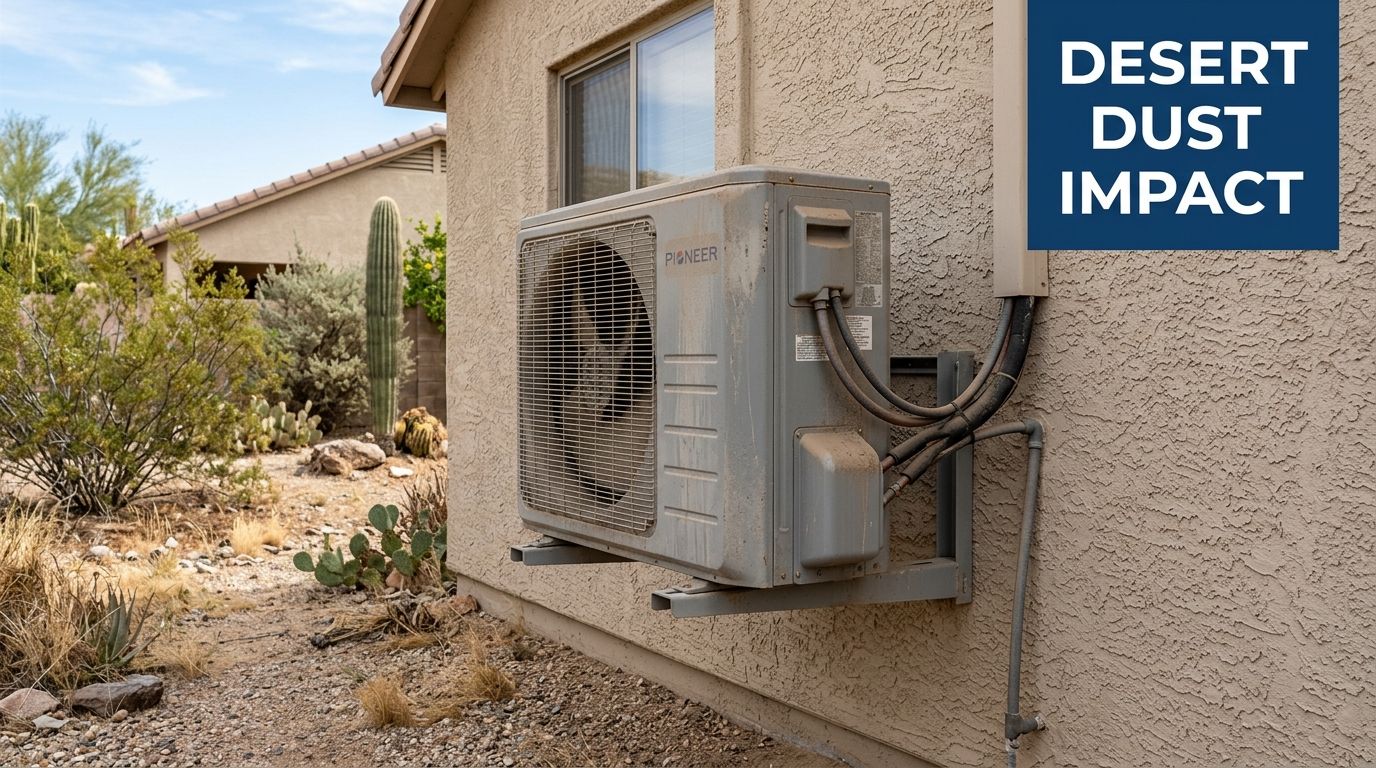 A dirty Pioneer outdoor mini split air conditioning unit mounted on a desert home wall covered in dust.