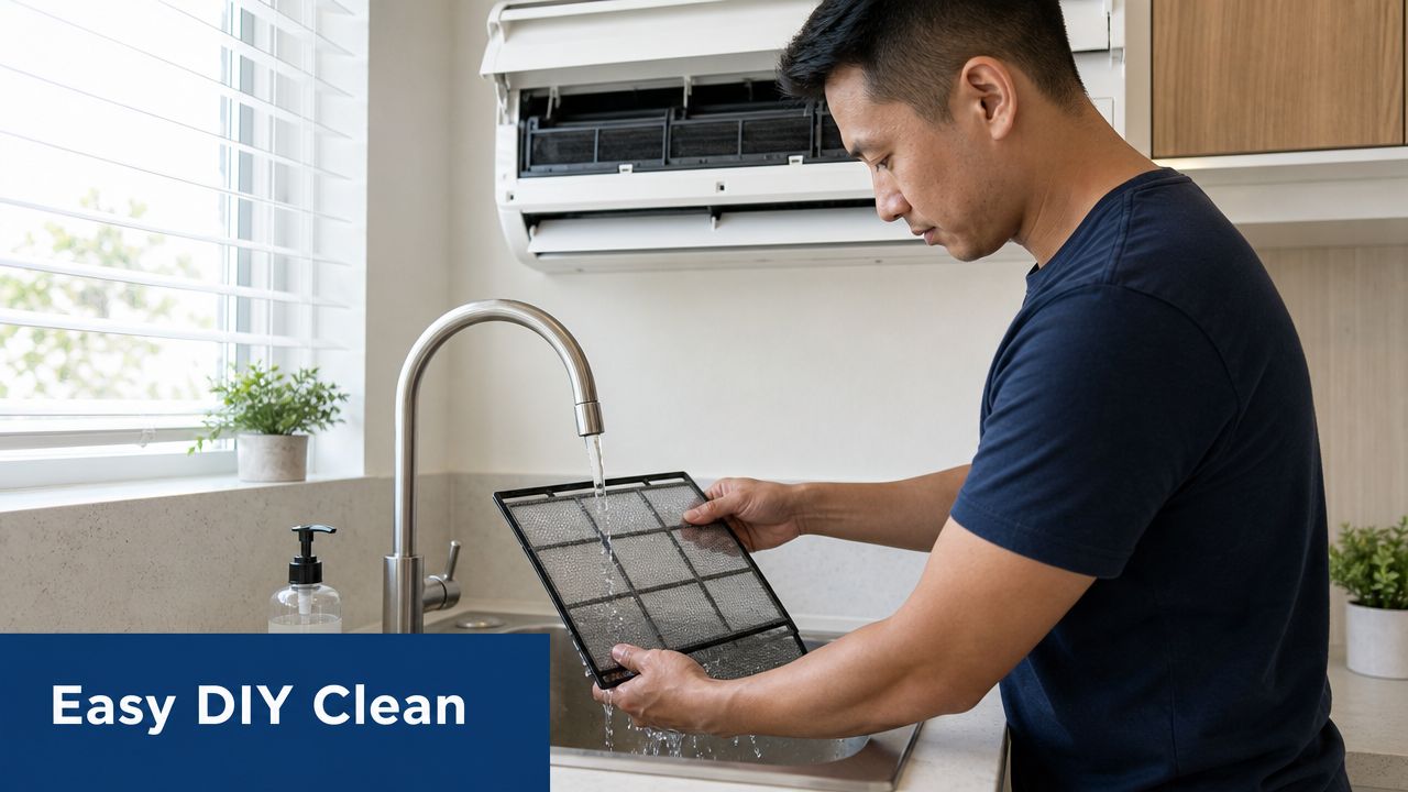 A man rinsing a plastic mesh air conditioner filter under a kitchen faucet to clean it.