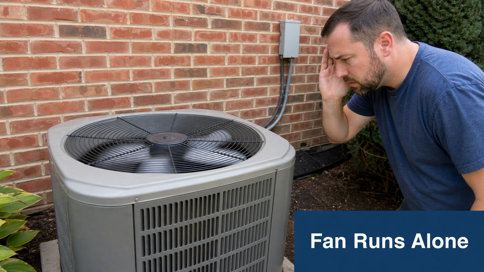 A concerned man inspecting his residential outdoor air conditioning unit that is experiencing fan motor issues.