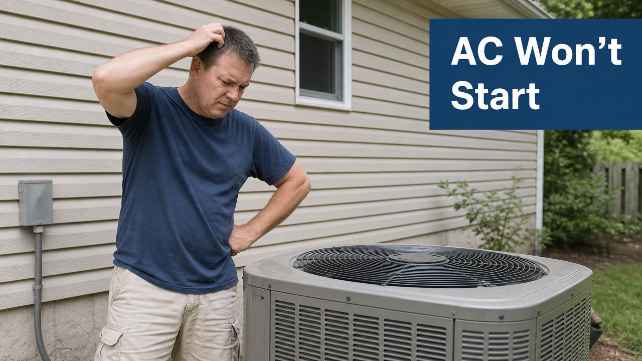 A confused homeowner looking at an outdoor air conditioning unit that will not start on a hot day.