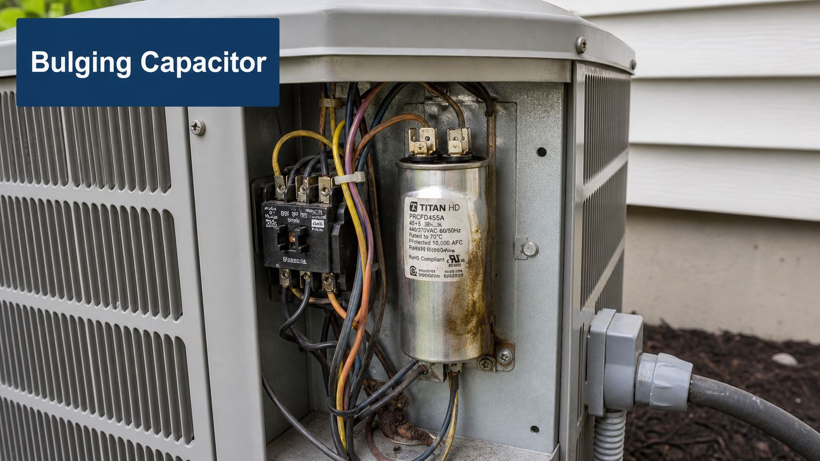 A faulty air conditioning capacitor inside an outdoor HVAC unit, showing signs of damage and bulging.