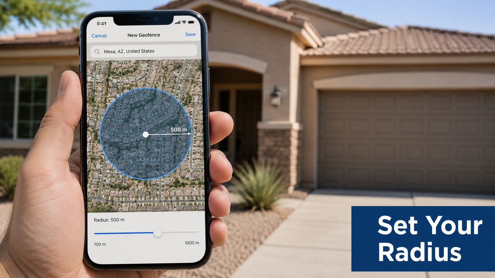 A hand holding a smartphone displaying a geofencing configuration app in front of a residential house.