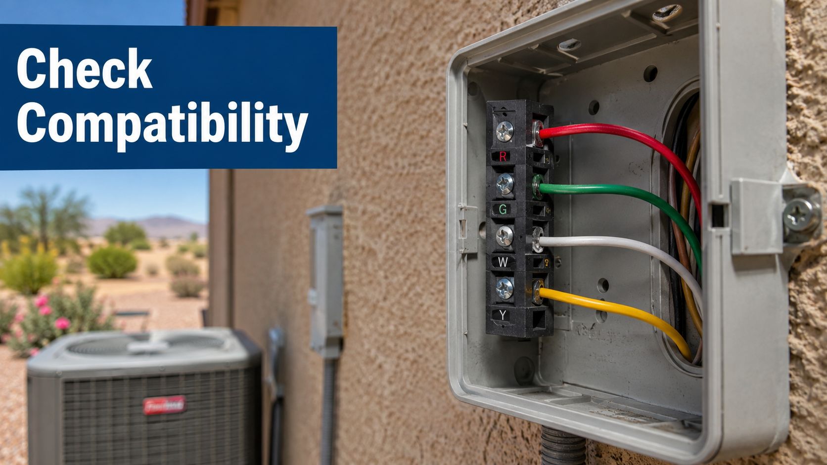 A close-up view of an open outdoor HVAC electrical wiring terminal block connected to a heat pump system.