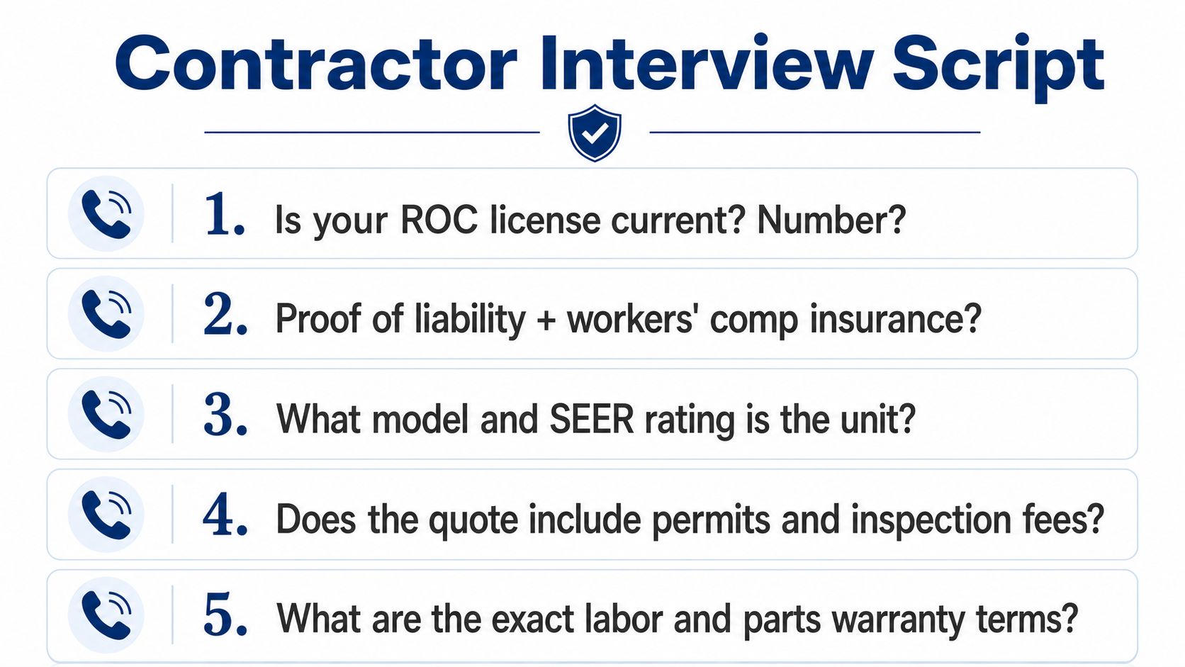 A checklist for homeowners interviewing HVAC contractors for AC replacement, including licensing, insurance, and warranty questions.