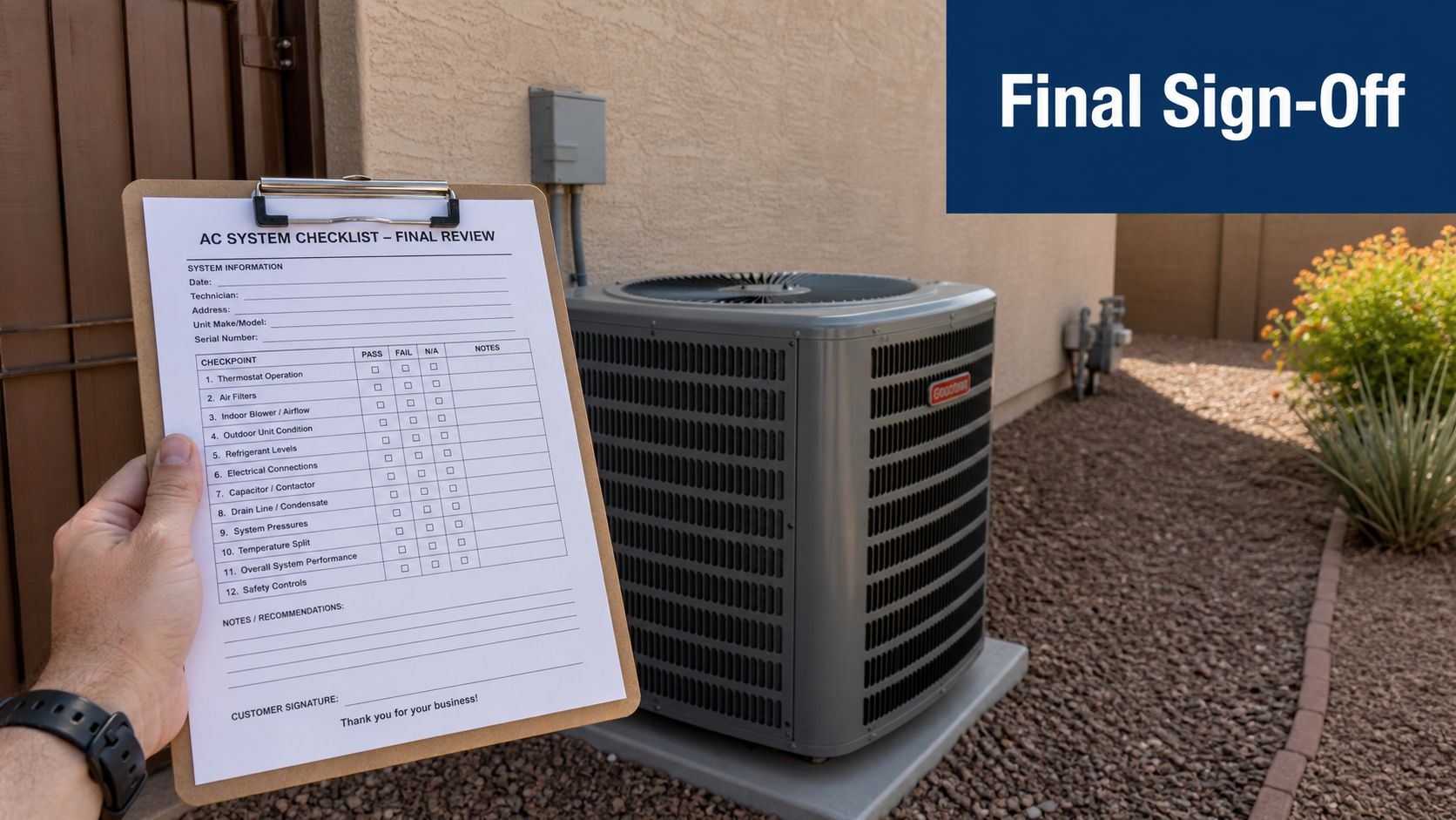 A technician holds an air conditioning maintenance checklist on a clipboard outdoors near a residential HVAC unit.