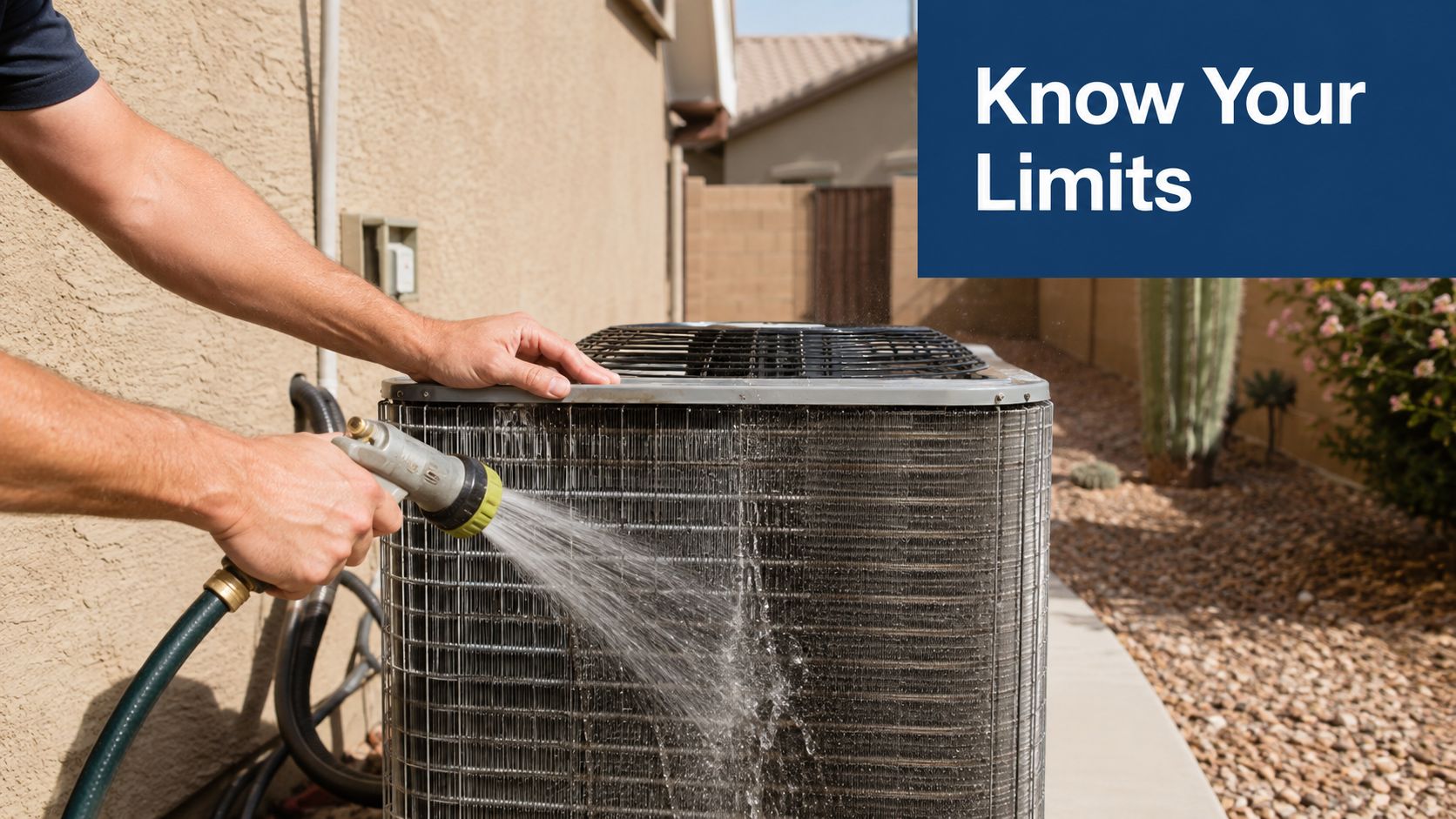 A person cleaning the exterior condenser coils of a residential air conditioning unit using a garden hose.