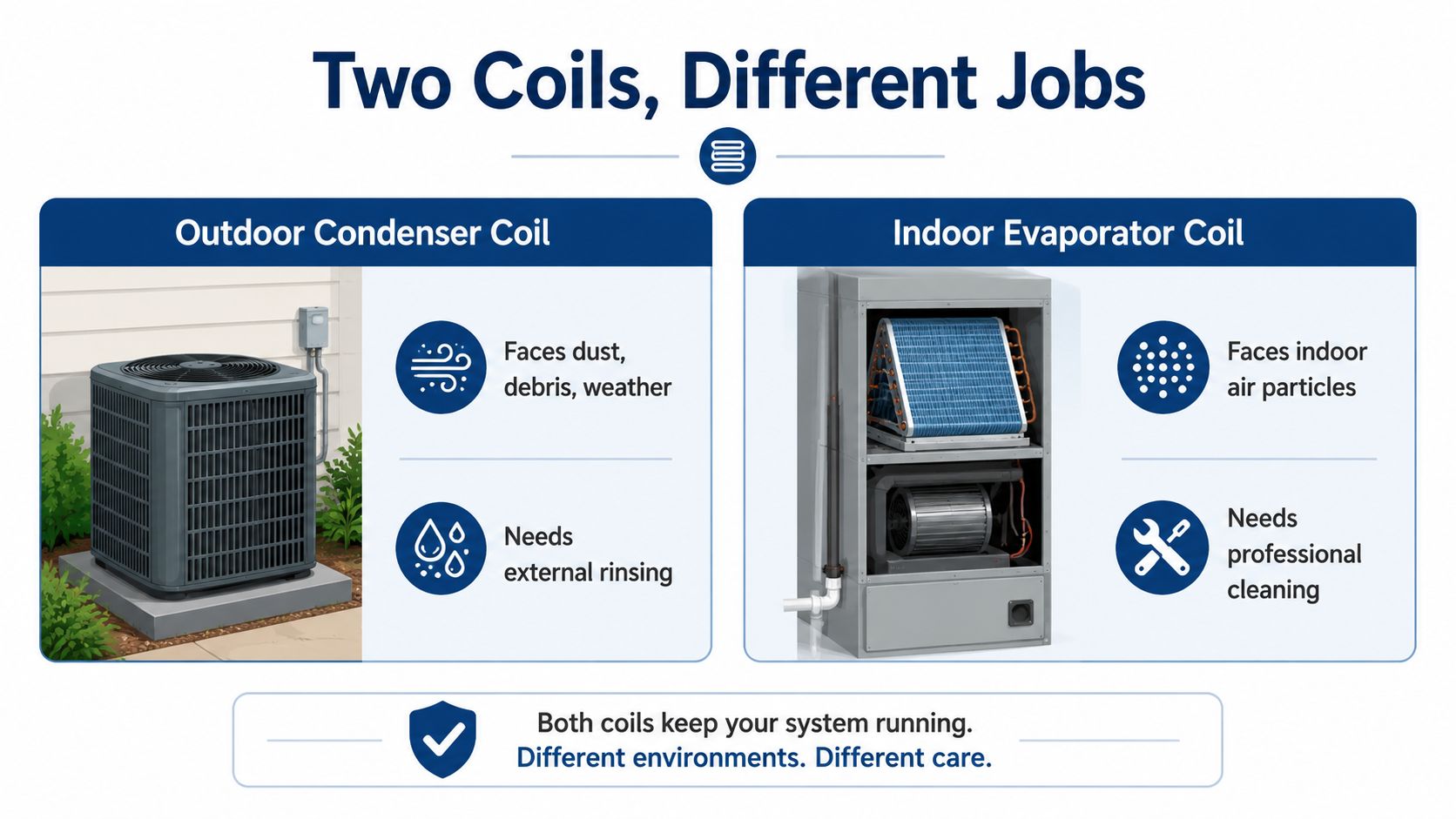 An infographic comparing the outdoor condenser coil and indoor evaporator coil of an air conditioning system.
