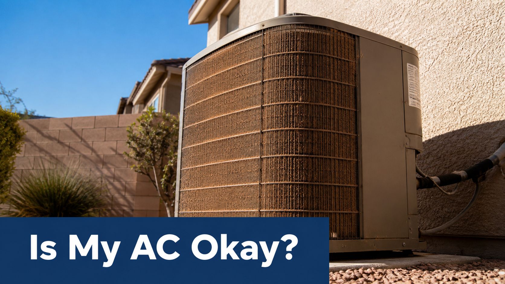 A dirty and dust-covered residential air conditioning condenser unit sitting outside next to a stucco house wall.