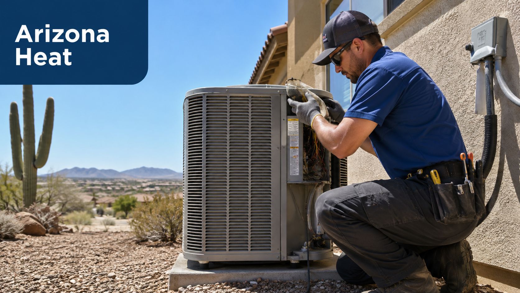 How Long Does AC Replacement Take in Arizona 3 A professional HVAC technician wearing a blue shirt and cap repairs an outdoor air conditioning unit in Arizona.