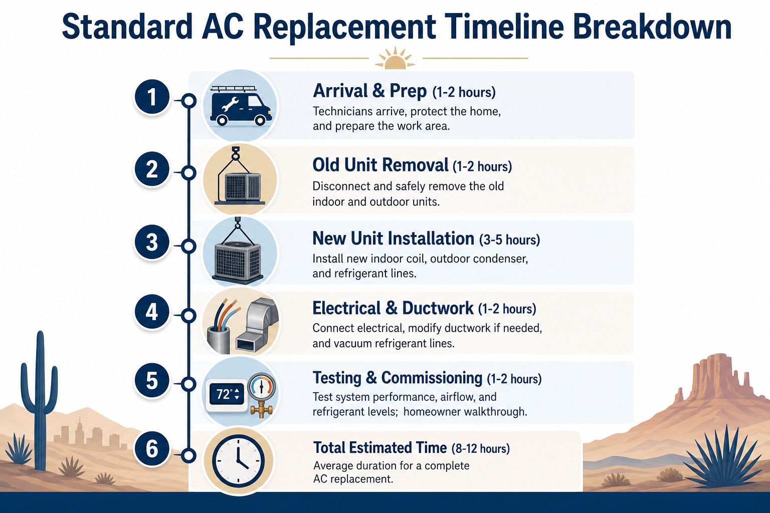 How Long Does AC Replacement Take in Arizona 2 A step-by-step infographic showing the standard timeline for an AC replacement process from prep to testing.