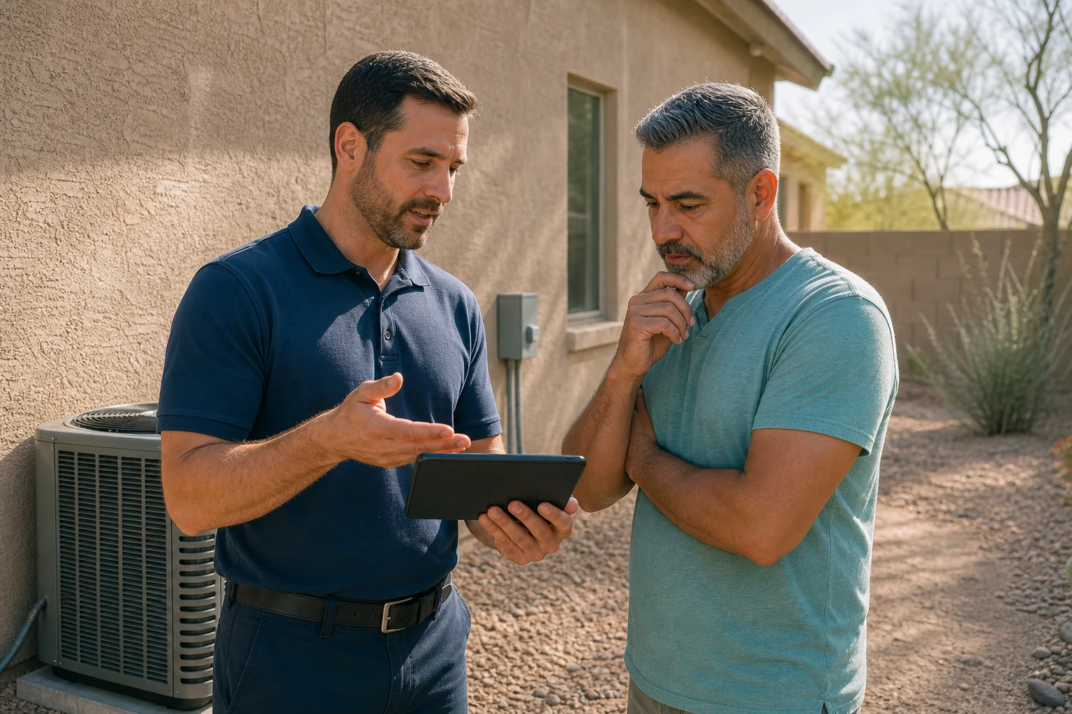 HVAC technician helping a Mesa homeowner compare complete air-conditioning equipment proposals