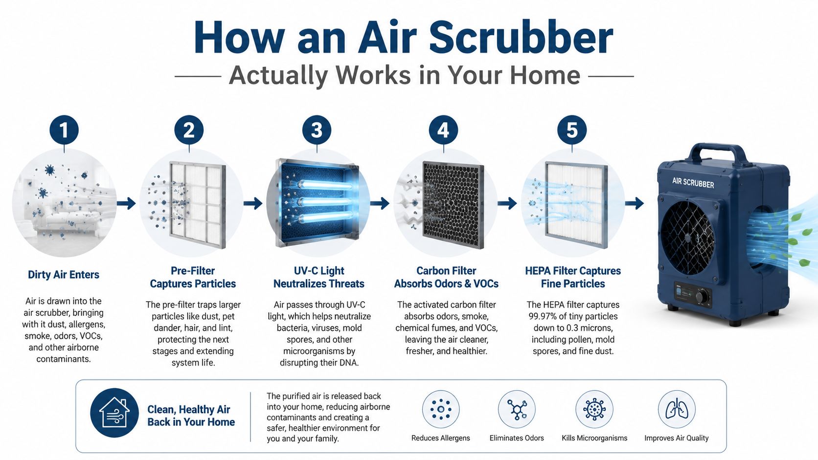 A diagram illustrating the five stages of how an air scrubber cleans indoor air for a healthier home.