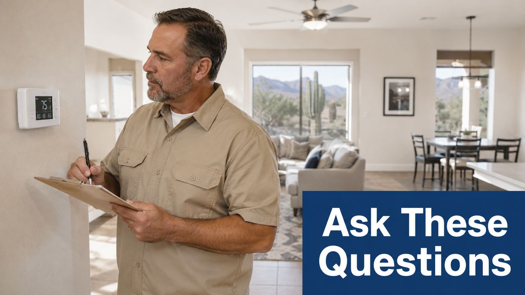 A professional HVAC technician in a tan shirt takes notes on a clipboard during a home inspection.