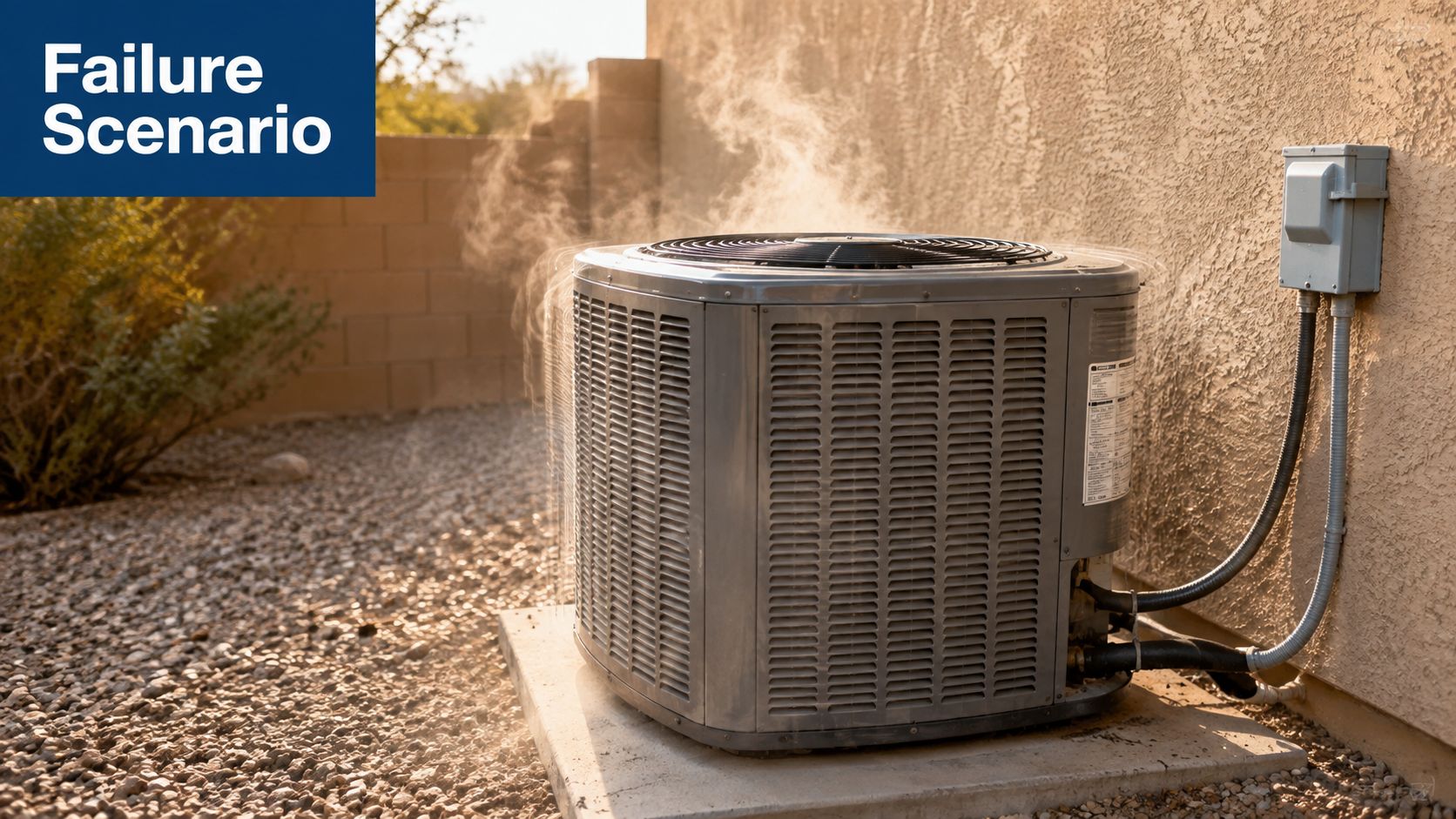 An outdoor air conditioning condenser unit emitting steam or smoke against a residential exterior wall.