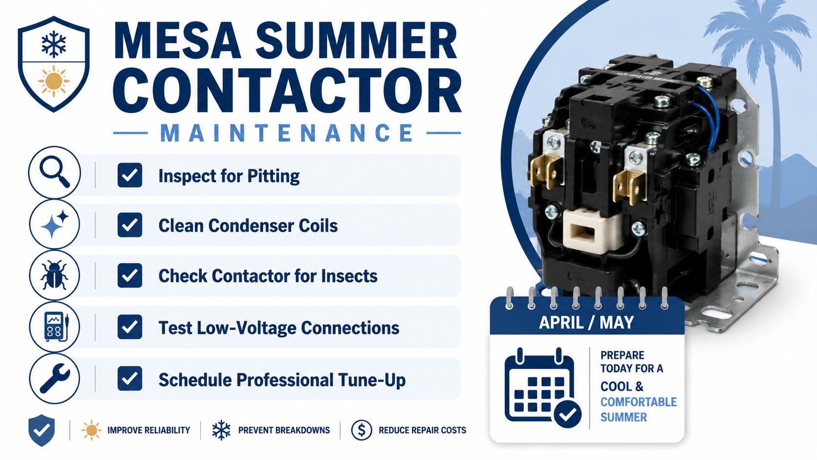 A Mesa Summer Contactor maintenance checklist featuring inspection tips to prepare HVAC systems for the hot summer season.