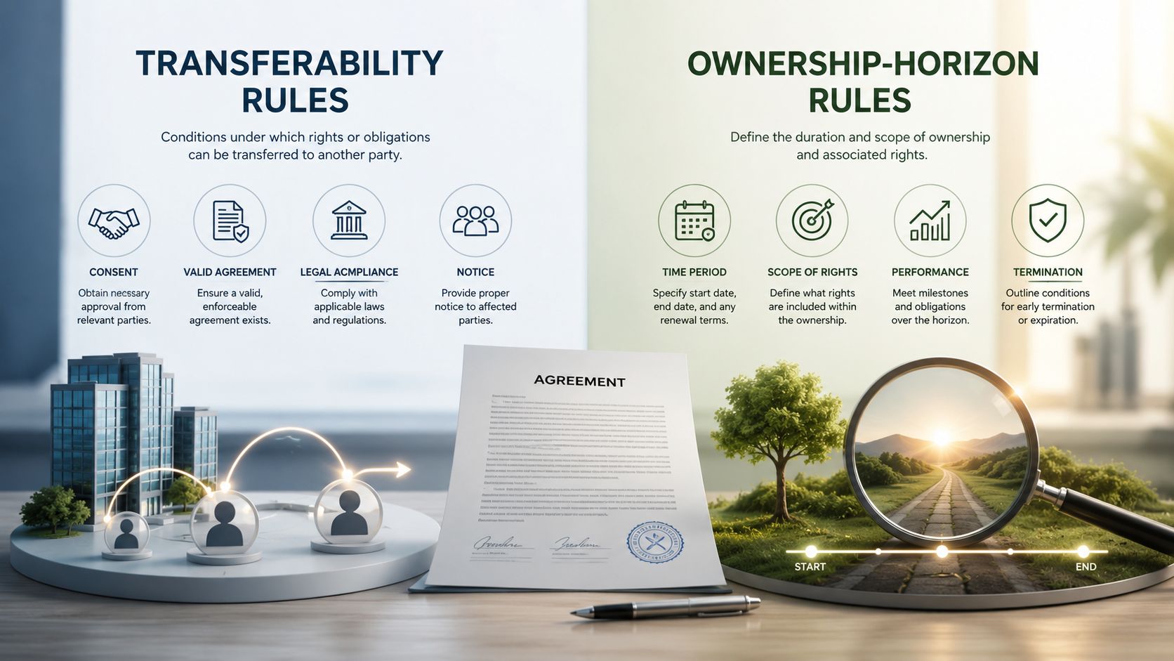 A visual guide explaining transferability and ownership-horizon rules for legal agreements and contractual obligations.