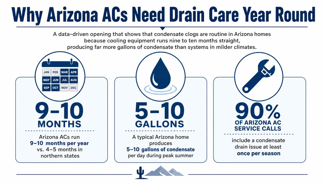 An infographic explaining why air conditioning systems in Arizona require year-round condensate drain maintenance and professional care.