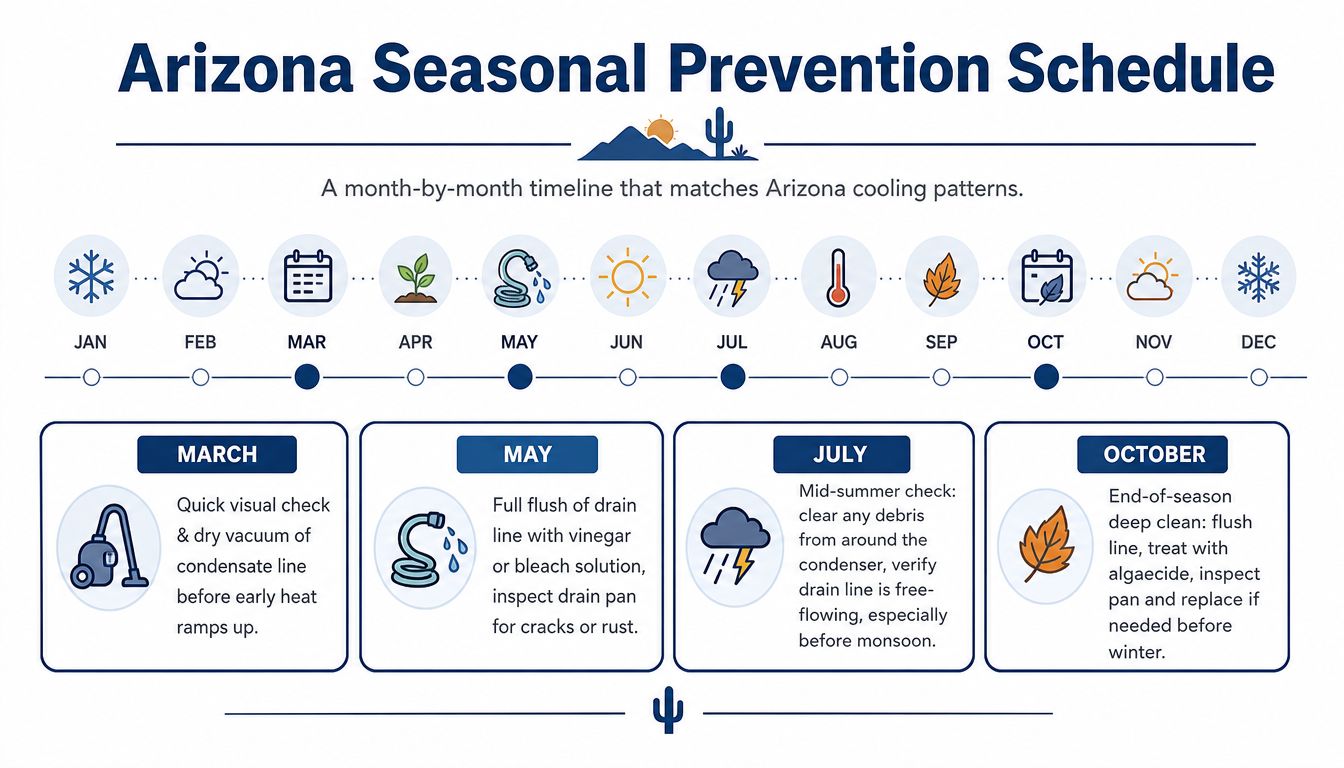 A seasonal preventive maintenance schedule for Arizona HVAC condensate drains shown month by month.