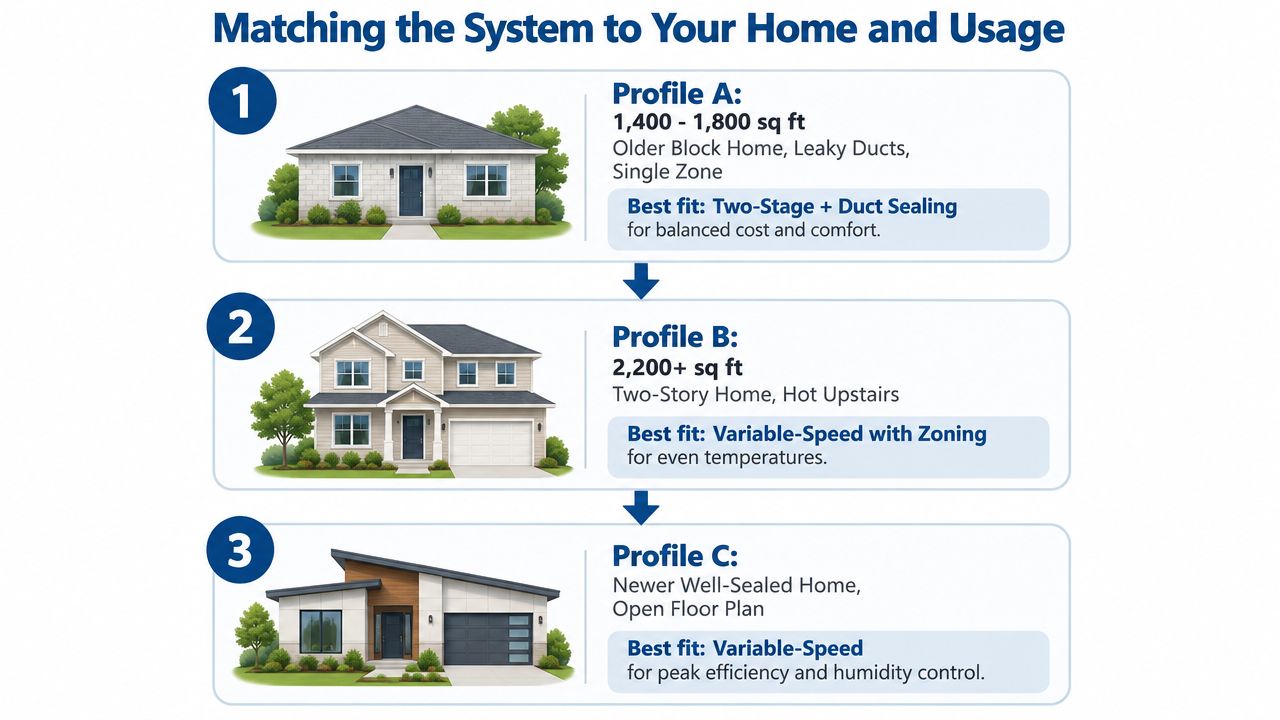 A diagram matching different home profiles to the best air conditioning system based on specific usage needs.