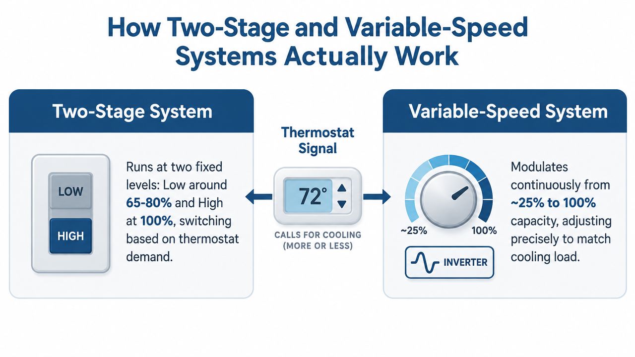 A diagram comparing the operational differences between two-stage and variable-speed air conditioning cooling systems.