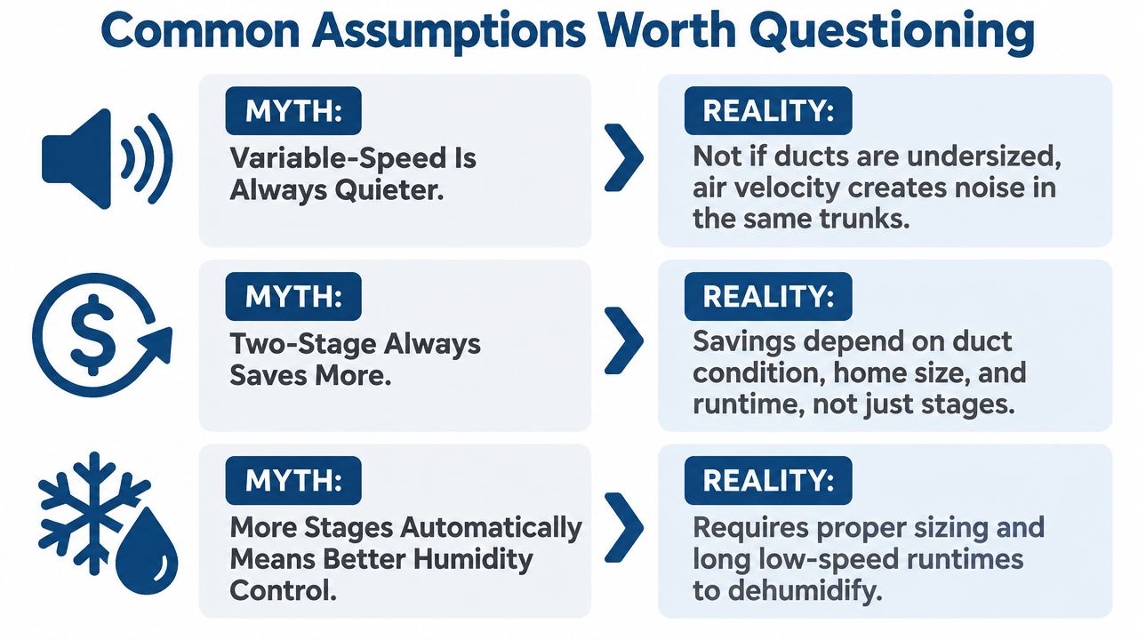 A chart comparing common HVAC myths and realities regarding variable-speed, two-stage systems, noise, savings, and humidity control.