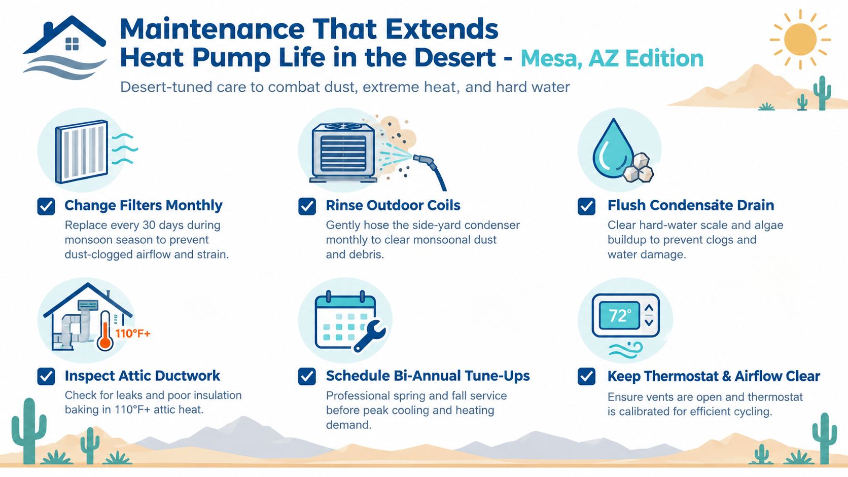 An infographic detailing six essential heat pump maintenance tips to improve efficiency and longevity in desert climates.