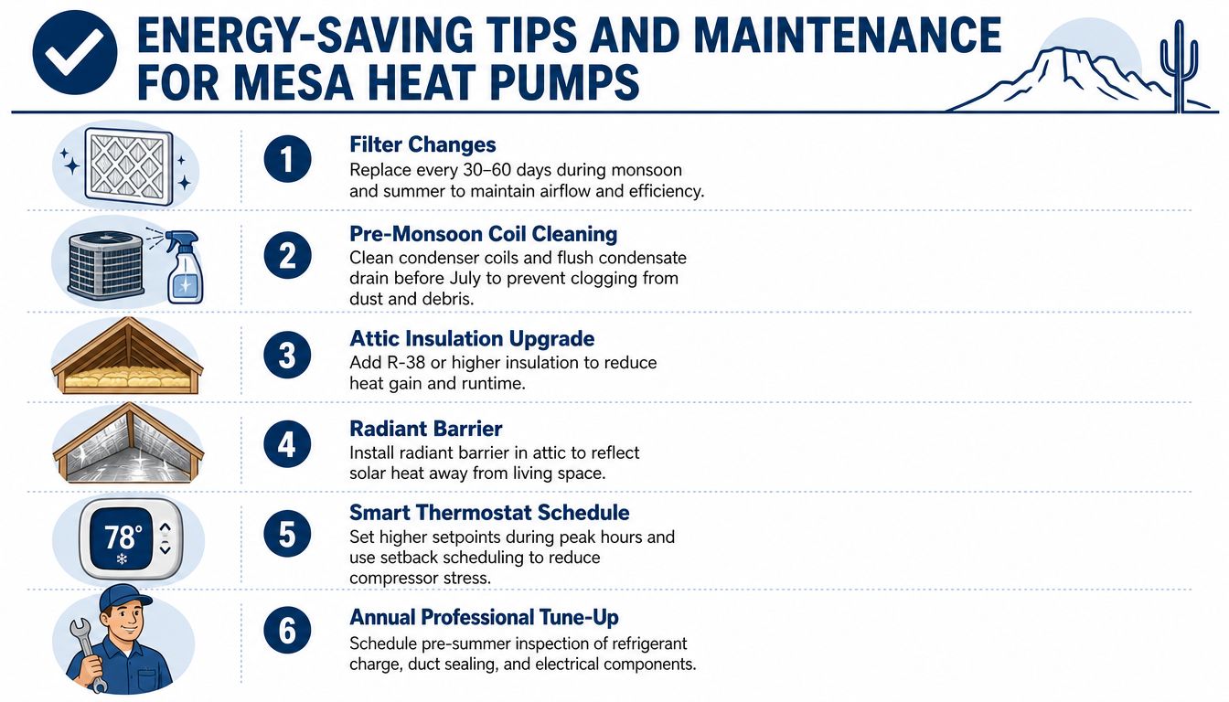 Why Does a Heat Pump Run Constantly in Arizona 2 A helpful infographic listing six essential energy-saving maintenance tips for heat pumps in Mesa, Arizona.