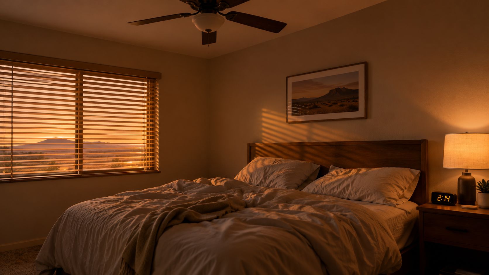 Why One Room Is Hotter Than Another in Mesa: A Guide 2 A warm, sunlit bedroom during sunset with soft light filtering through window blinds onto the unmade bed.