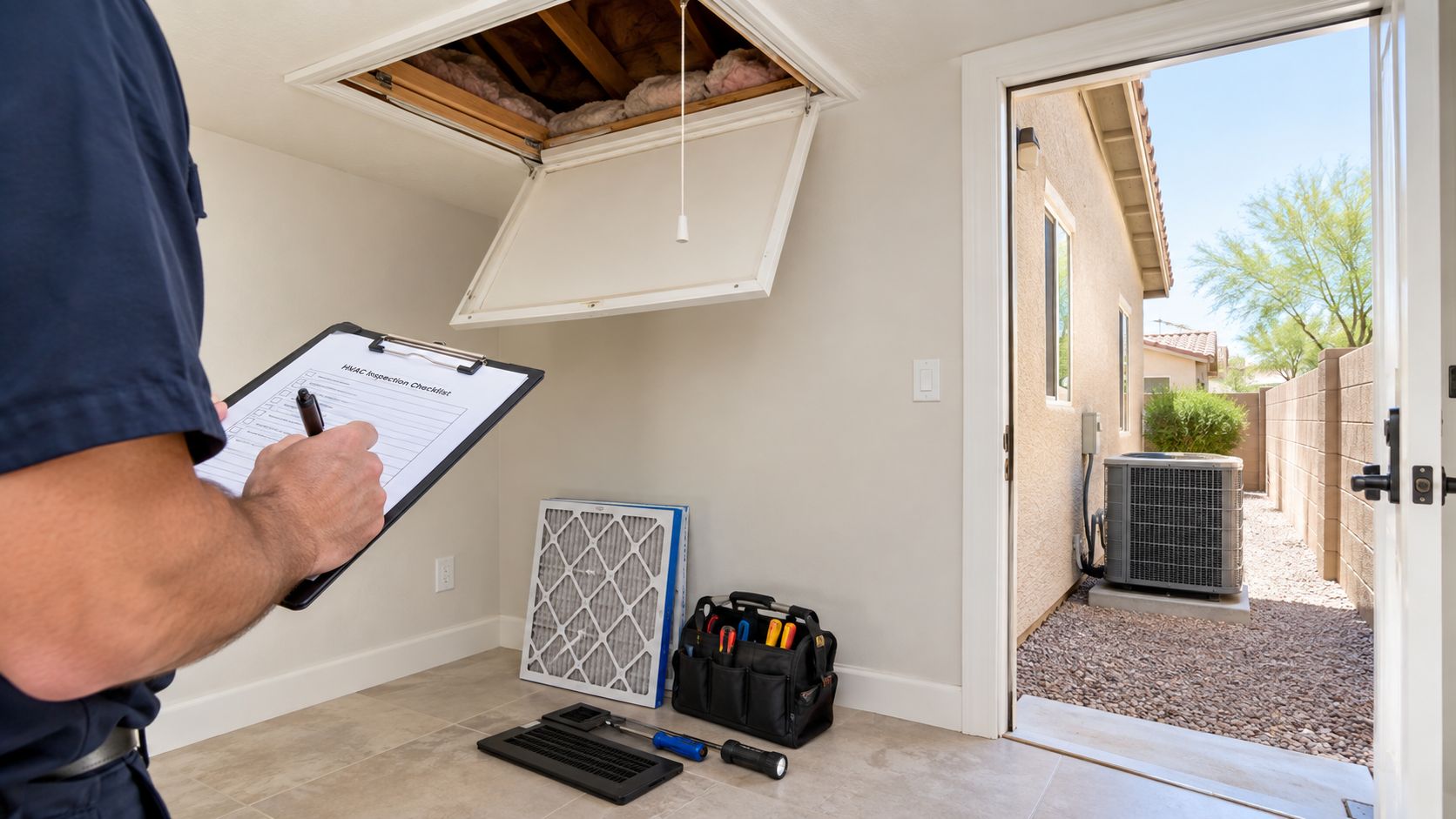 Why One Room Is Hotter Than Another in Mesa: A Guide 4 An HVAC technician filling out a checklist while performing a home cooling and heating system inspection.