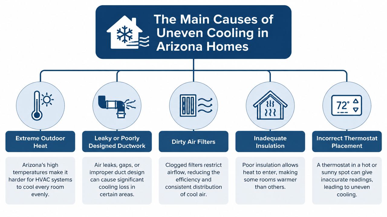 An infographic illustrating five primary reasons for uneven cooling in Arizona homes, including heat, ductwork, and insulation.